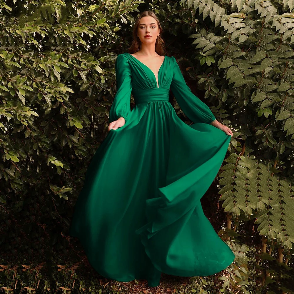 Chiffon Double V-neck Evening Dresses Long Sleeve Pleats Backless Ruched Prom Dress Elegant Women's Long Formal Party Gown