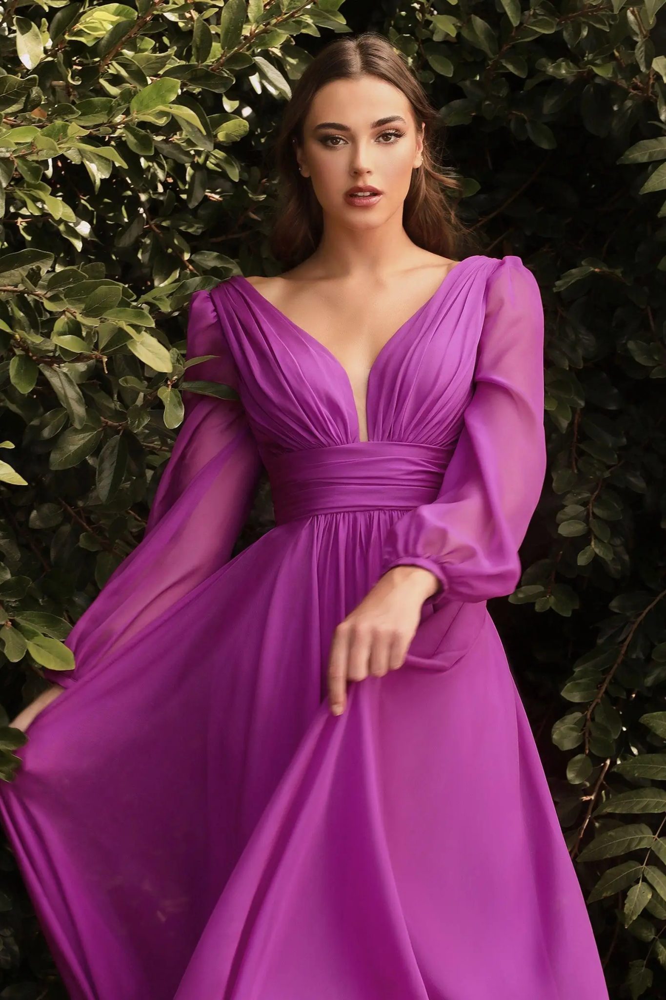 Chiffon Double V-neck Evening Dresses Long Sleeve Pleats Backless Ruched Prom Dress Elegant Women's Long Formal Party Gown
