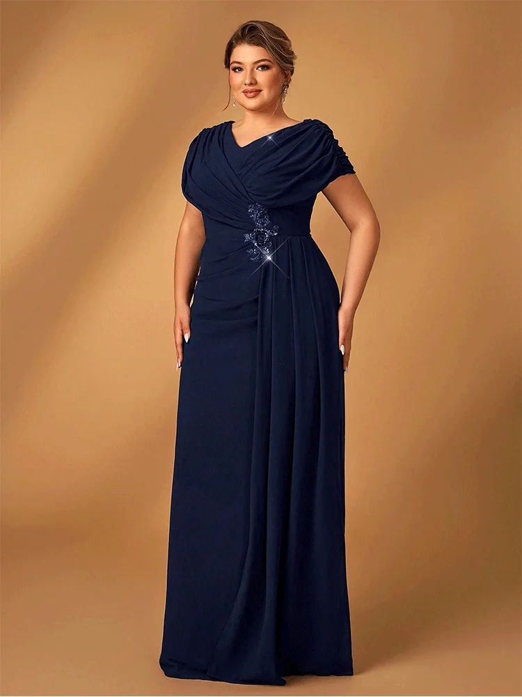Plus Size Luxury Mom Evening Dress Wedding Reception Party Luxury Shiny Plus Size Chiffon Mother Navy Blue Evening Dress
