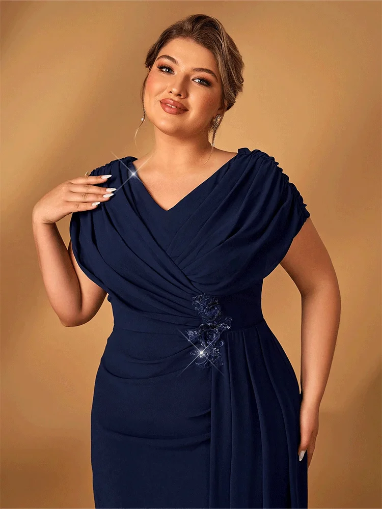 Plus Size Luxury Mom Evening Dress Wedding Reception Party Luxury Shiny Plus Size Chiffon Mother Navy Blue Evening Dress