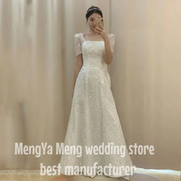 ZHUISHU Square Neck Sparkly Wedding Dresses Short Sleeve Korea Photos Shoot Bride Dress A Line Corset Backless Shiny Bridal Gown