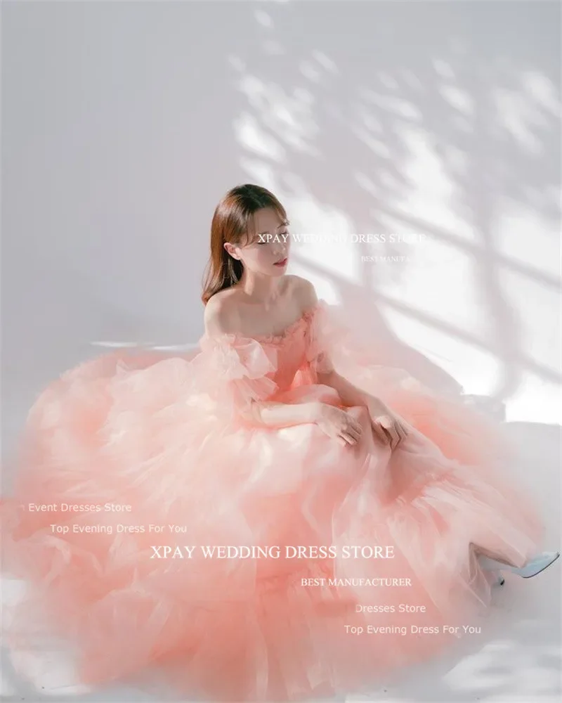 OLOEY Fairy Blush Pink Tulle Prom Dresses Korea Customised Puff Short Sleeves Corset Lace Up Evening Gown Wedding Photoshoot