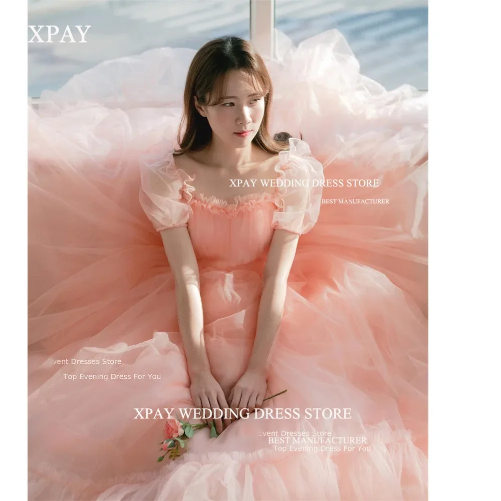 OLOEY Fairy Blush Pink Tulle Prom Dresses Korea Customised Puff Short Sleeves Corset Lace Up Evening Gown Wedding Photoshoot