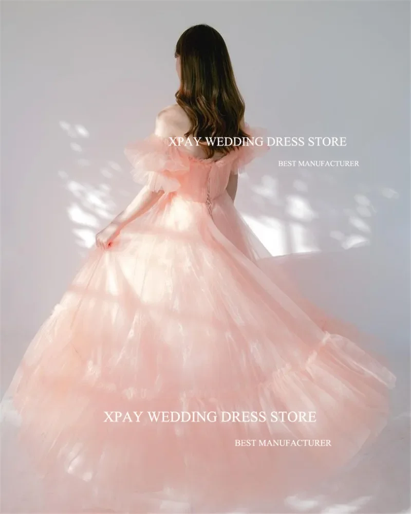 OLOEY Fairy Blush Pink Tulle Prom Dresses Korea Customised Puff Short Sleeves Corset Lace Up Evening Gown Wedding Photoshoot