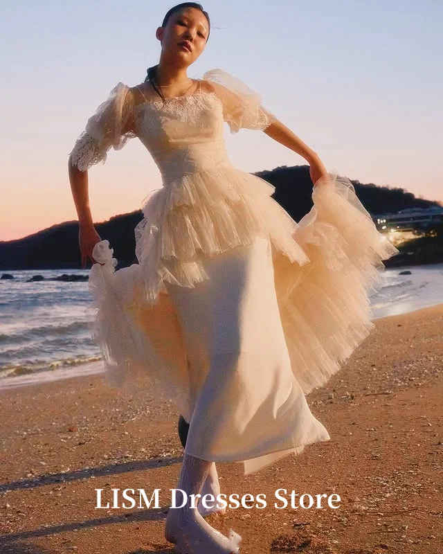 LISM Tiered O-Neck A-Line Korea Wedding Dresses Silk Lace Satin Long Elegant Customized Bridal Gowns Photo Shoot  결혼식 드레스