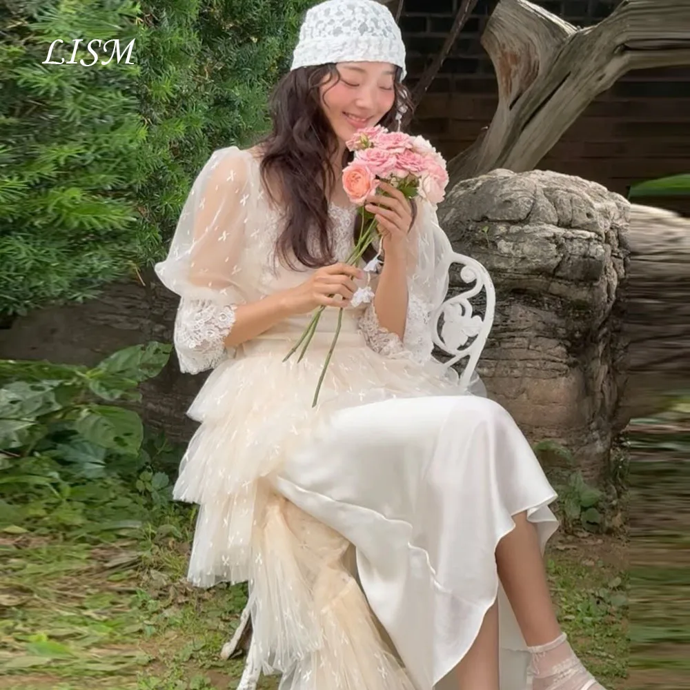 LISM Tiered O-Neck A-Line Korea Wedding Dresses Silk Lace Satin Long Elegant Customized Bridal Gowns Photo Shoot  결혼식 드레스