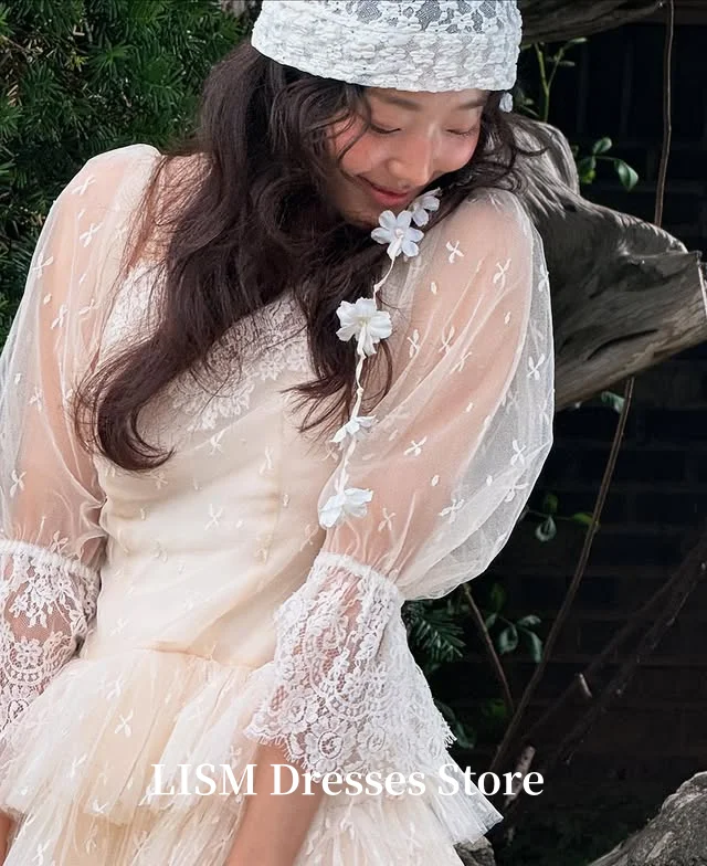 LISM Tiered O-Neck A-Line Korea Wedding Dresses Silk Lace Satin Long Elegant Customized Bridal Gowns Photo Shoot  결혼식 드레스