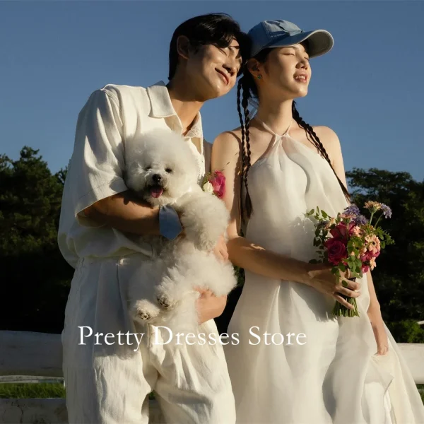 Halter Neck Korea Style Garden Customized Wedding Dresses A-Line  프롬드레스 Sleeveless Organza Layered Bride Growns Party Women