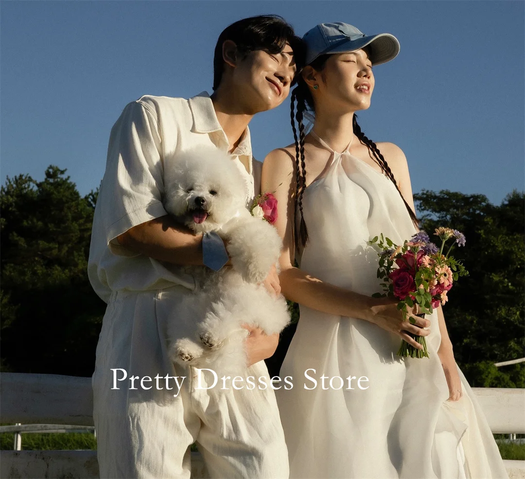 Halter Neck Korea Style Garden Customized Wedding Dresses A-Line  프롬드레스 Sleeveless Organza Layered Bride Growns Party Women