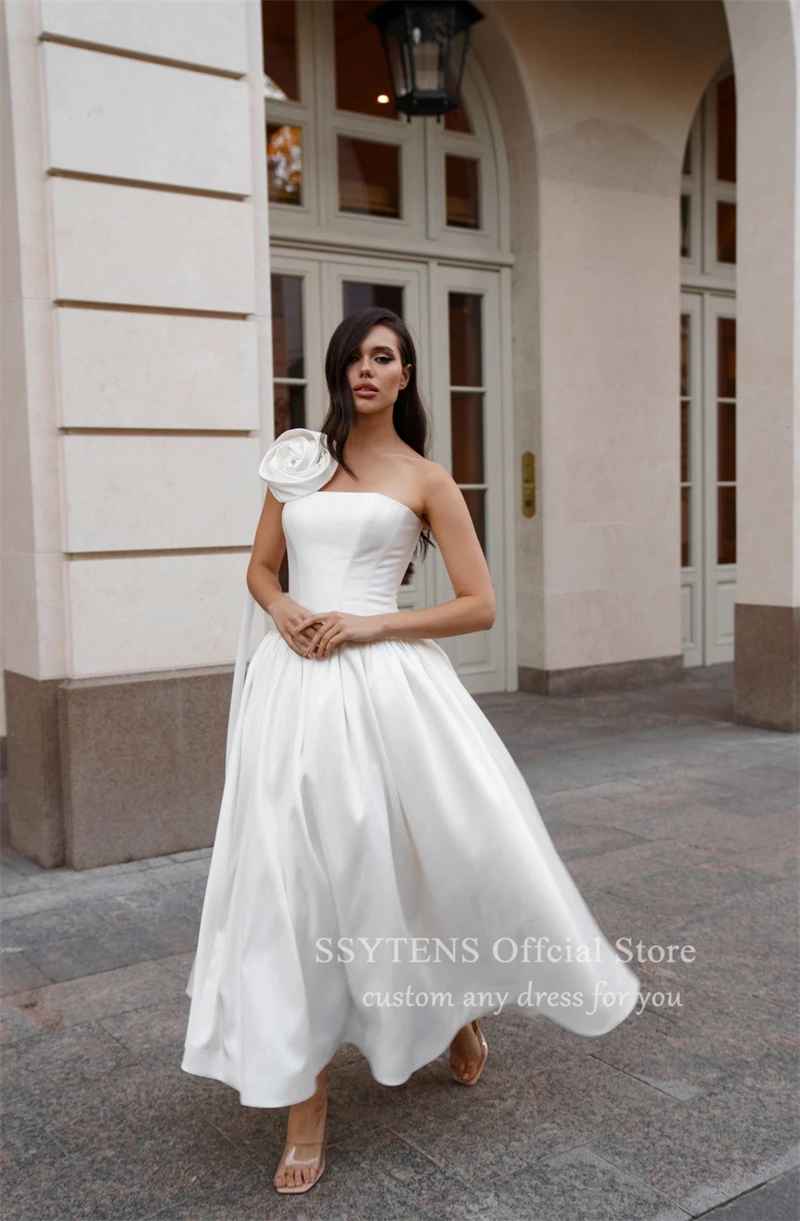 SSYTENS Elegant Ankle Length Wedding Dresses Bridemaid Simple White Bride Dress Bespoke Flower Strapless Civil Bridal Gowns