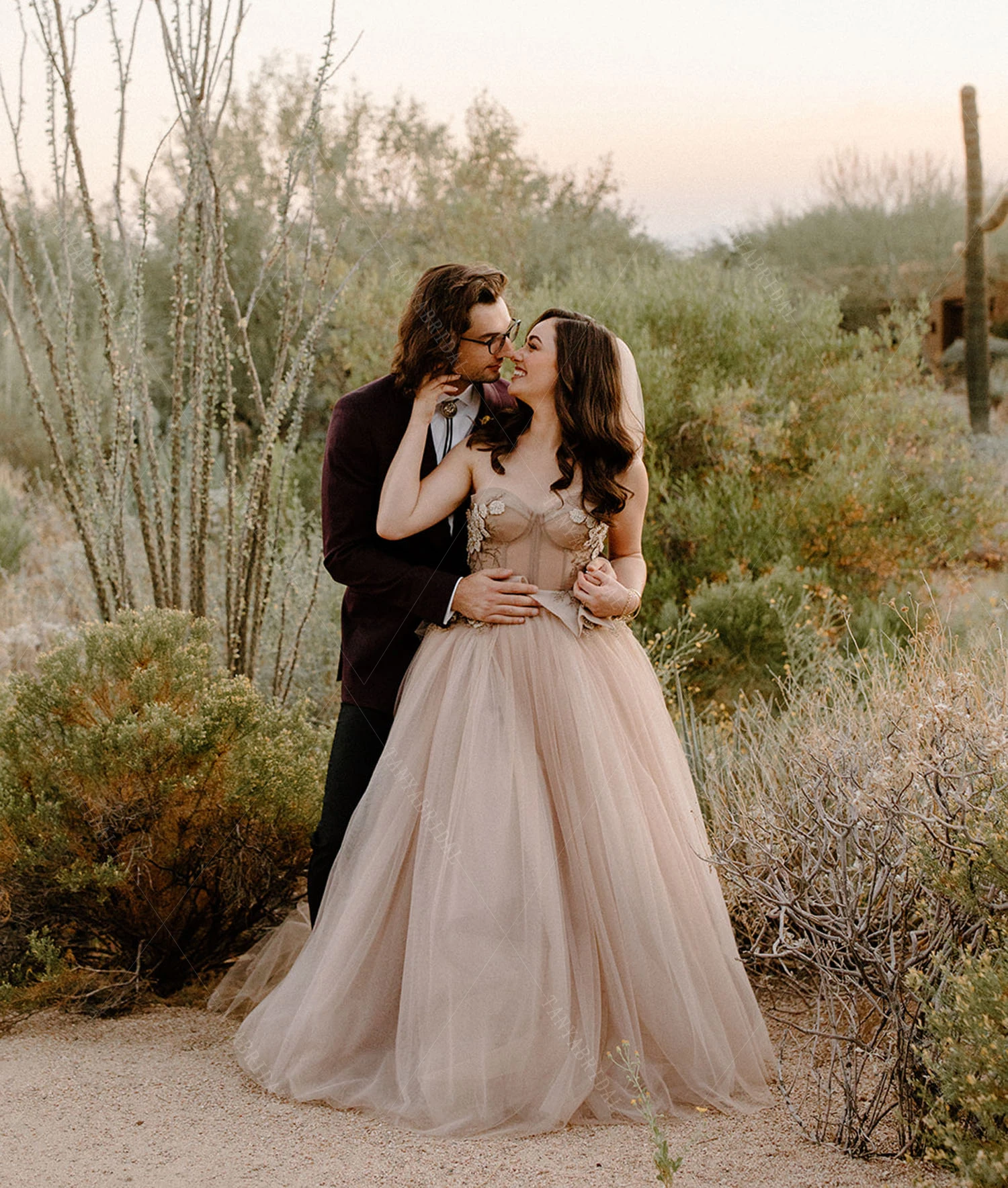 Blush Champagne Princess Wedding Dresses Sweetheart Romantic Tulle Bridal Gowns Boho Vestido De noivas  ZW456