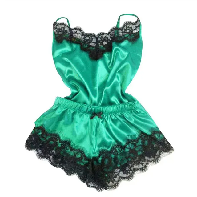 New Women's Pajamas Silk Sexy Pajama Set Black Lace V-Neck Pajama Suspender Top and Shorts Lace Pajama Set Home Underwear Dress