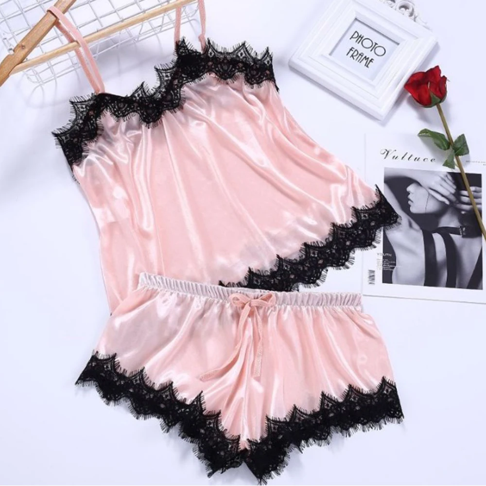 New Women's Pajamas Silk Sexy Pajama Set Black Lace V-Neck Pajama Suspender Top and Shorts Lace Pajama Set Home Underwear Dress