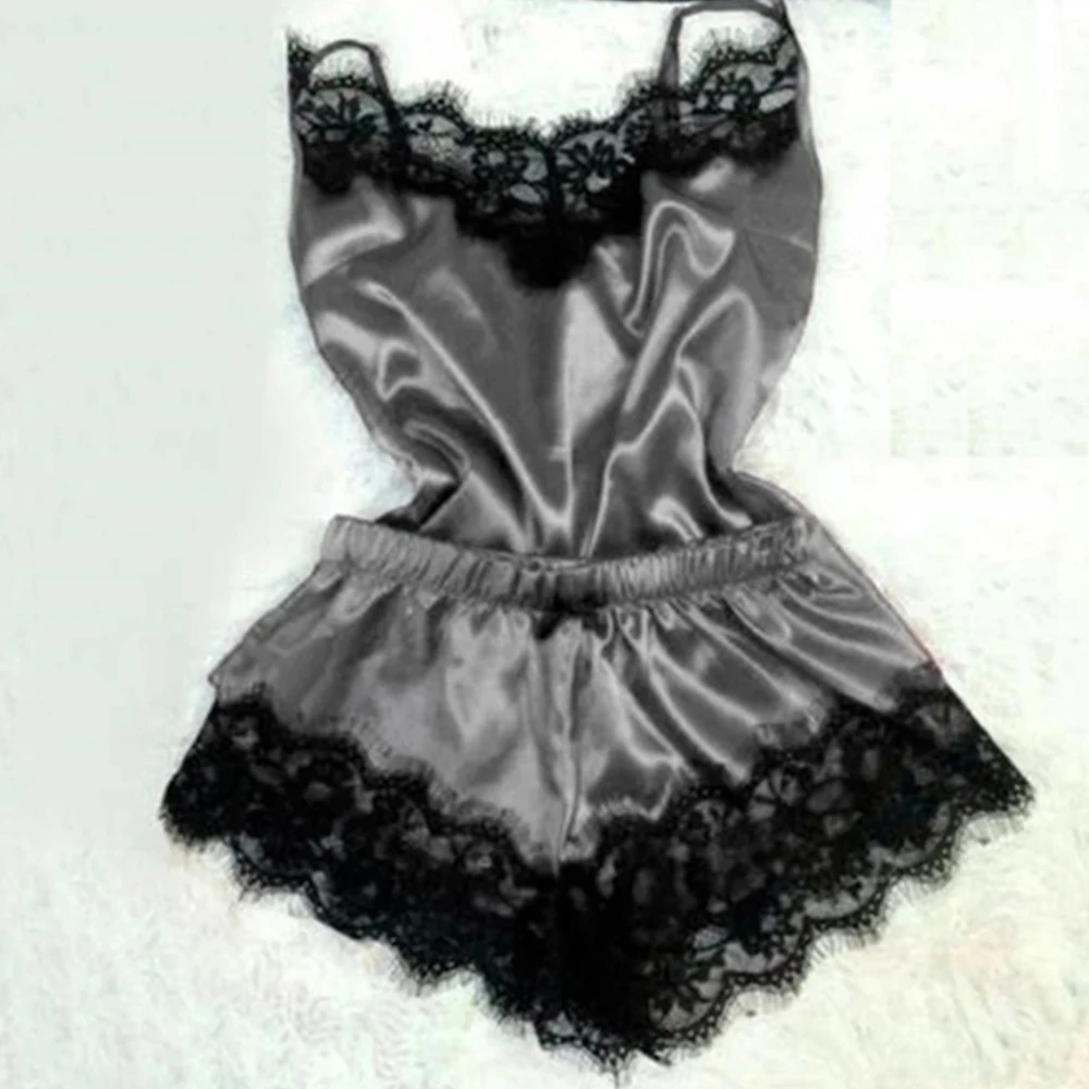 New Women's Pajamas Silk Sexy Pajama Set Black Lace V-Neck Pajama Suspender Top and Shorts Lace Pajama Set Home Underwear Dress