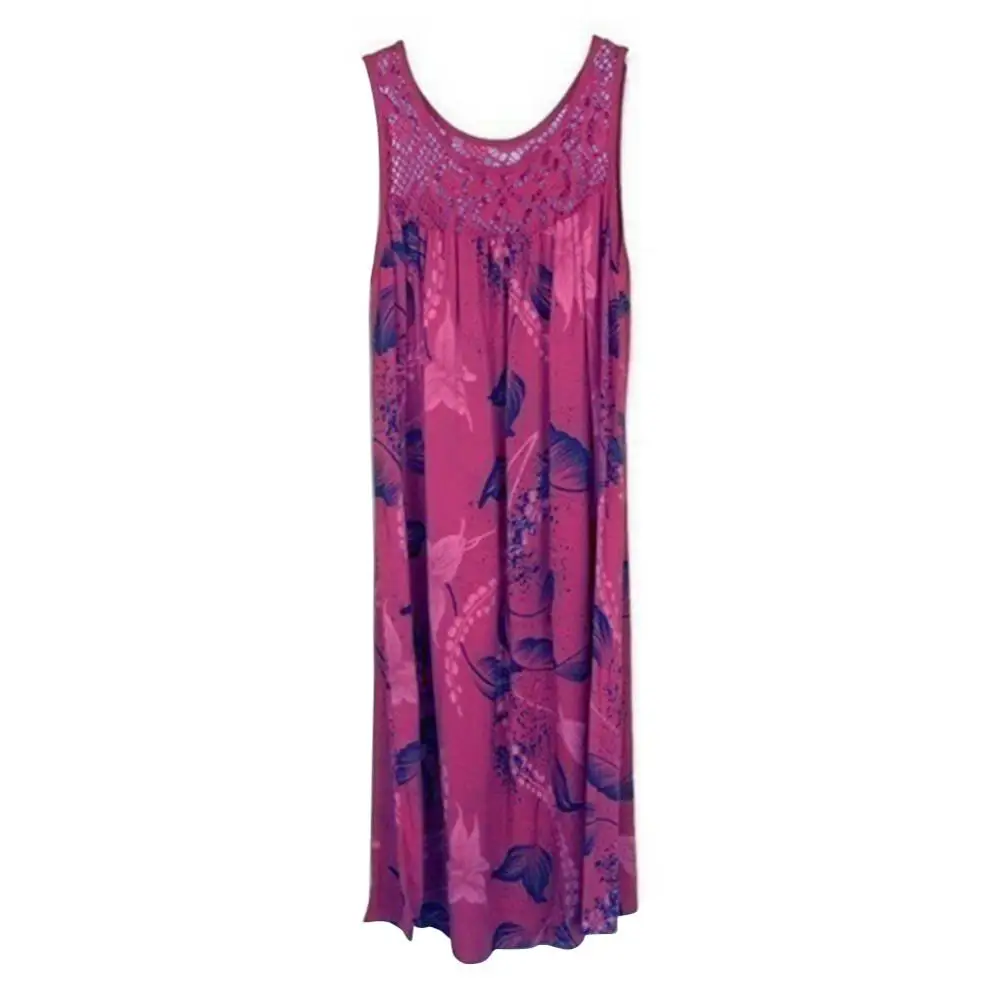 Plus Size Floral Printed Lace Stitching O-Neck Sleeveless Women Summer Loose Tank Dress
