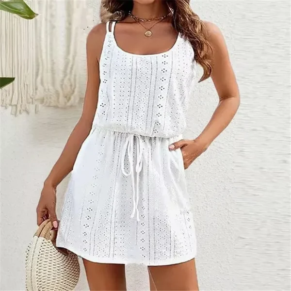 Summer Sleeveless Mini Dress Women Casual A-Line Drawstring Pocket Beach Holiday Dresses For Women Short Dress White Sundress