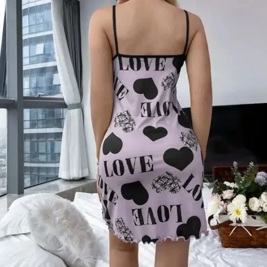 Sexy Lingerie Women Summer Nightgowns Sling Nightdress Fashion Printing Dressing Sleepwear Polyester Milk Silk Night Dress Woman
