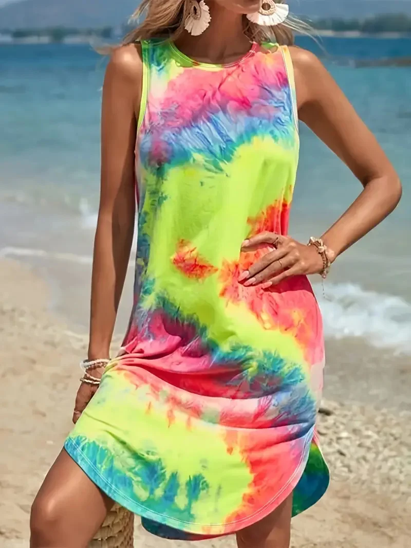 Summer Simple Geometric Floral Print Sleeveless Vest Dress Spring And Summer Vacation Style Sleeveless Suspender Dress For Women