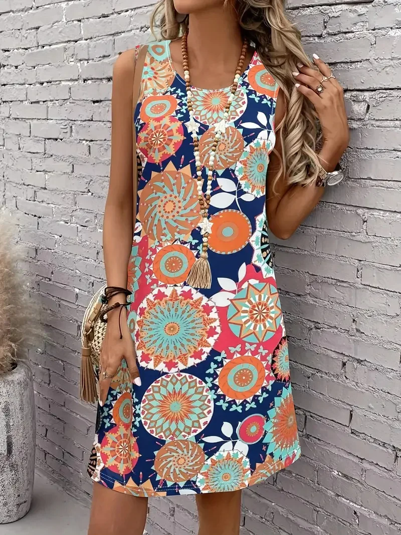Summer Simple Geometric Floral Print Sleeveless Vest Dress Spring And Summer Vacation Style Sleeveless Suspender Dress For Women