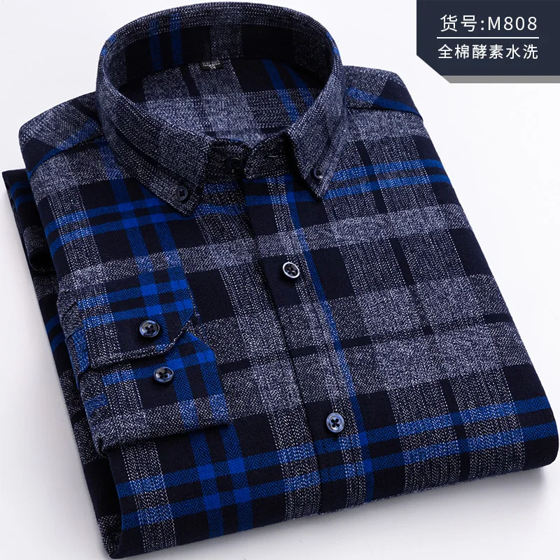 Pure Cotton Men's Plaid Shirt Long Sleeve Regular Fit Men Casual Oversized Shirt Leisure Autumn Male Blouse New Plus Size