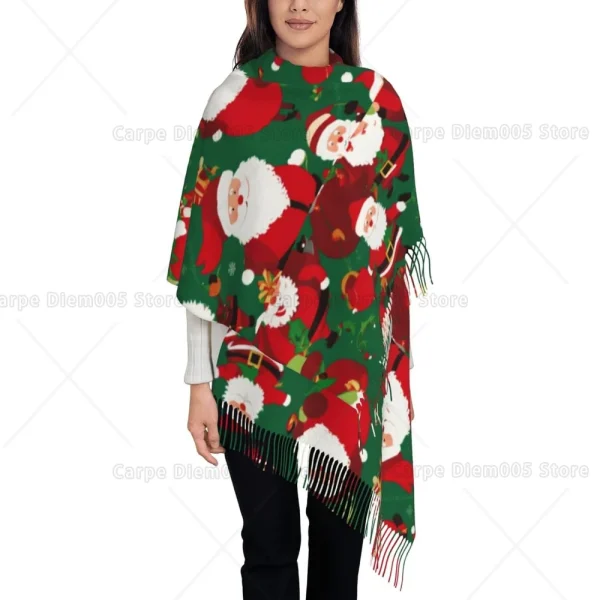 Xmas Santa Claus Funny Gnomes Print Tassel Scarves Shawls and Wraps Fringes Neck Head Shawl Lightweight Scarfs Women