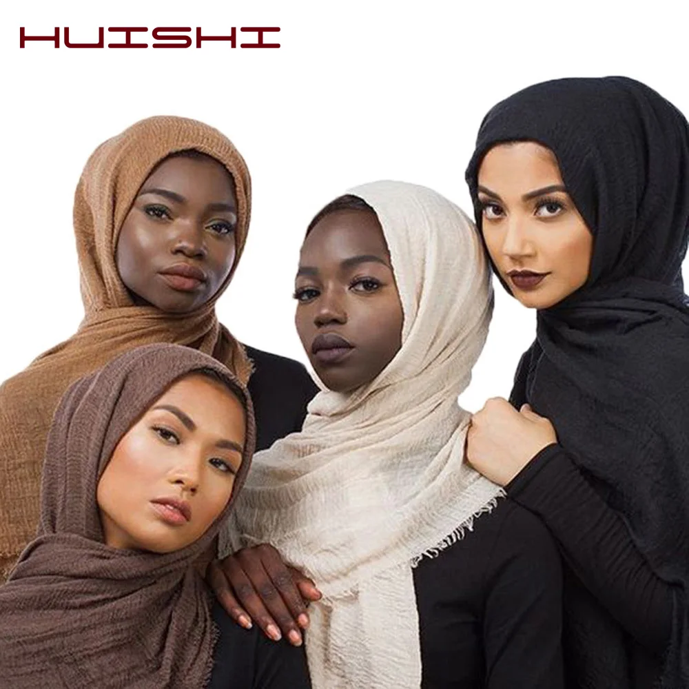 HUISHI Scarf Muslim Women Bubble Cotton Solid Islam Muslim Head Scarf Shawls and Wraps Female Foulard Crinkle Cloud Hijab