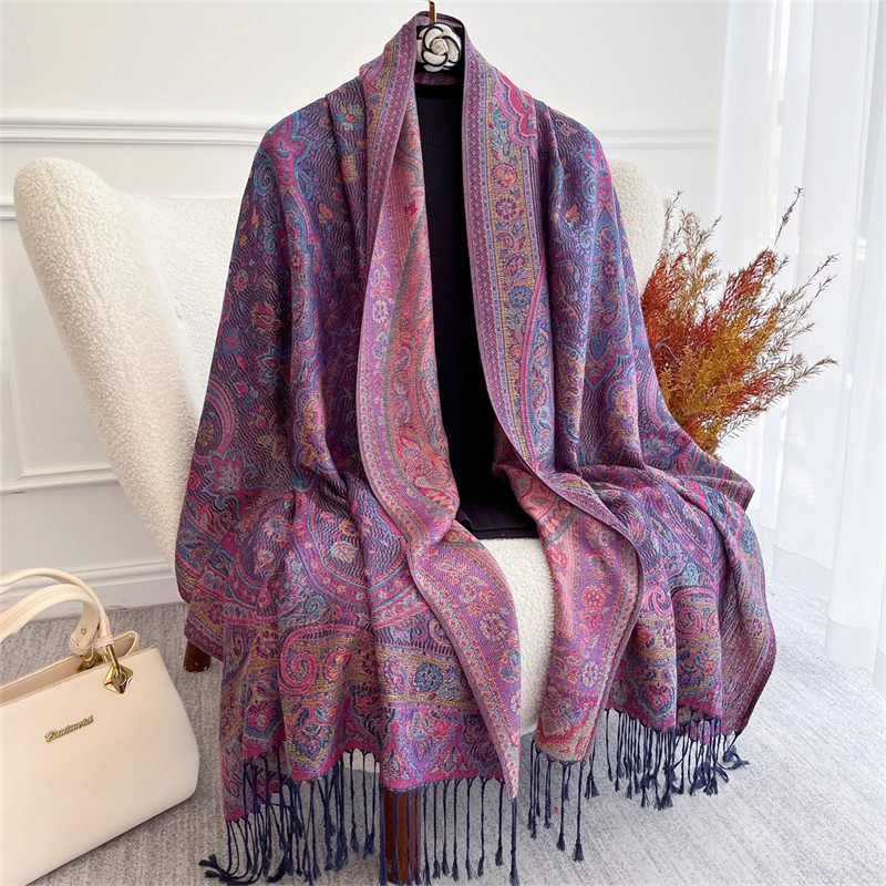 Thicken Embroidery Cashmere Winter Scarves Women Pareo Cape Warm Muslim Shawl Chunky Headscarf Wrap Ladies Elegant Poncho Turban