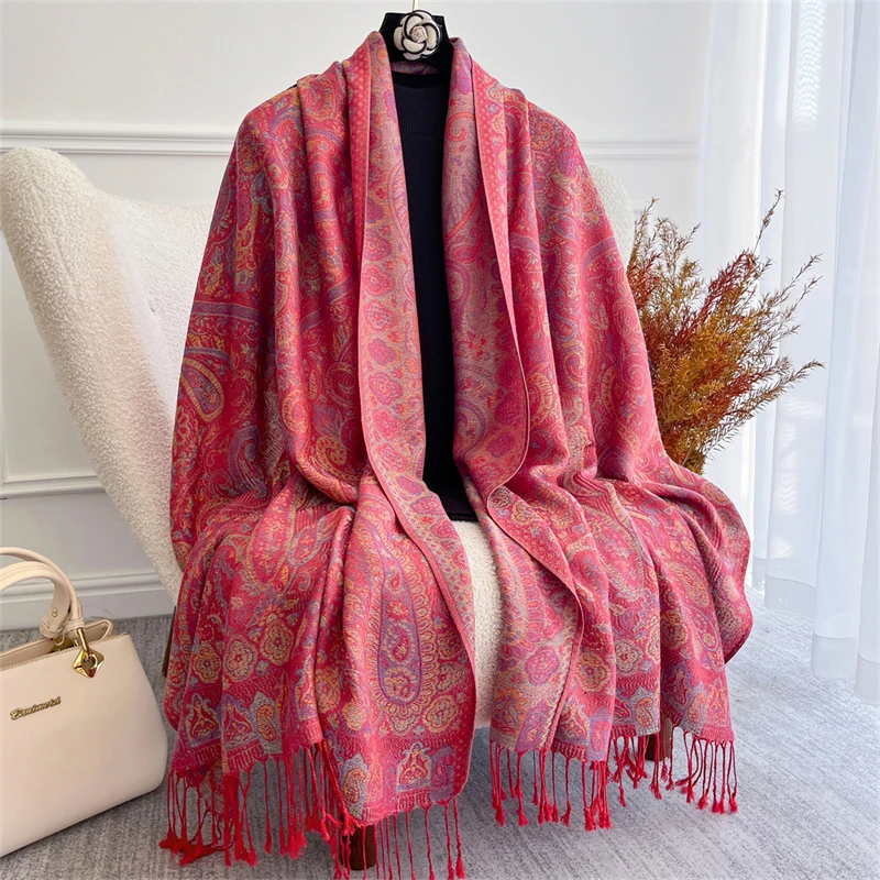 Thicken Embroidery Cashmere Winter Scarves Women Pareo Cape Warm Muslim Shawl Chunky Headscarf Wrap Ladies Elegant Poncho Turban