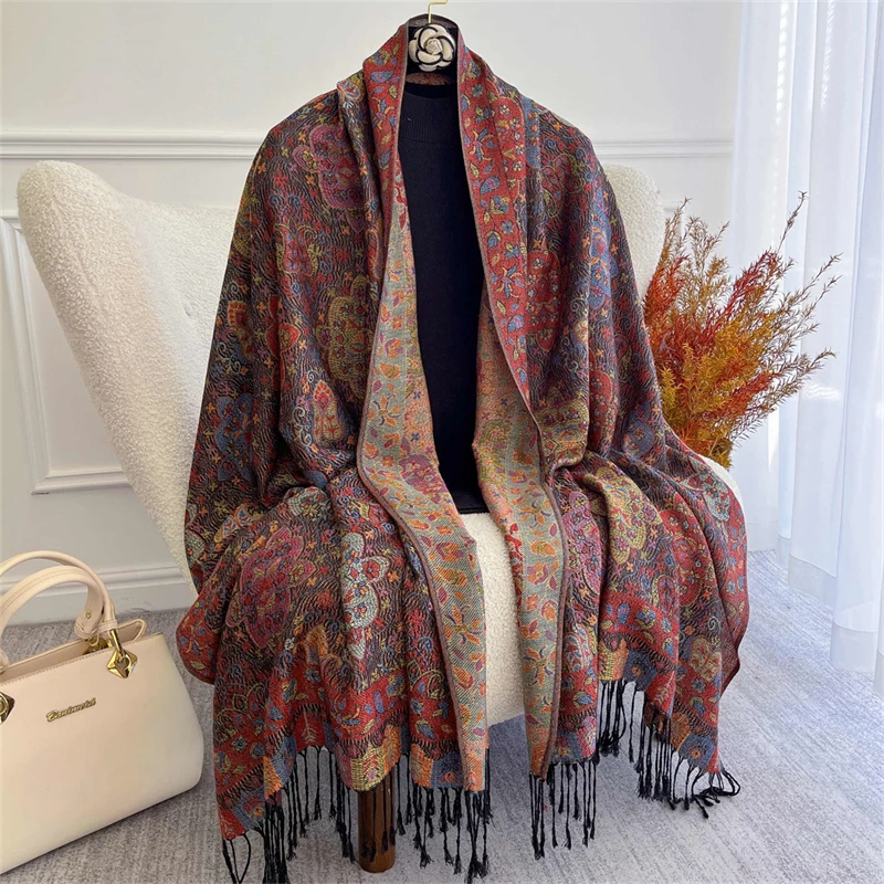 Thicken Embroidery Cashmere Winter Scarves Women Pareo Cape Warm Muslim Shawl Chunky Headscarf Wrap Ladies Elegant Poncho Turban