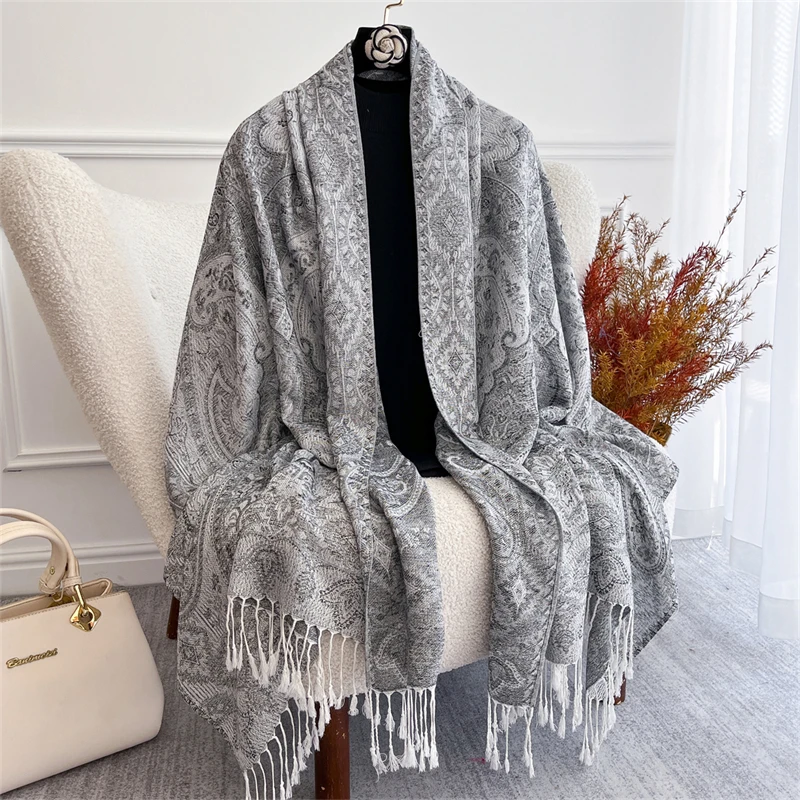 Thicken Embroidery Cashmere Winter Scarves Women Pareo Cape Warm Muslim Shawl Chunky Headscarf Wrap Ladies Elegant Poncho Turban