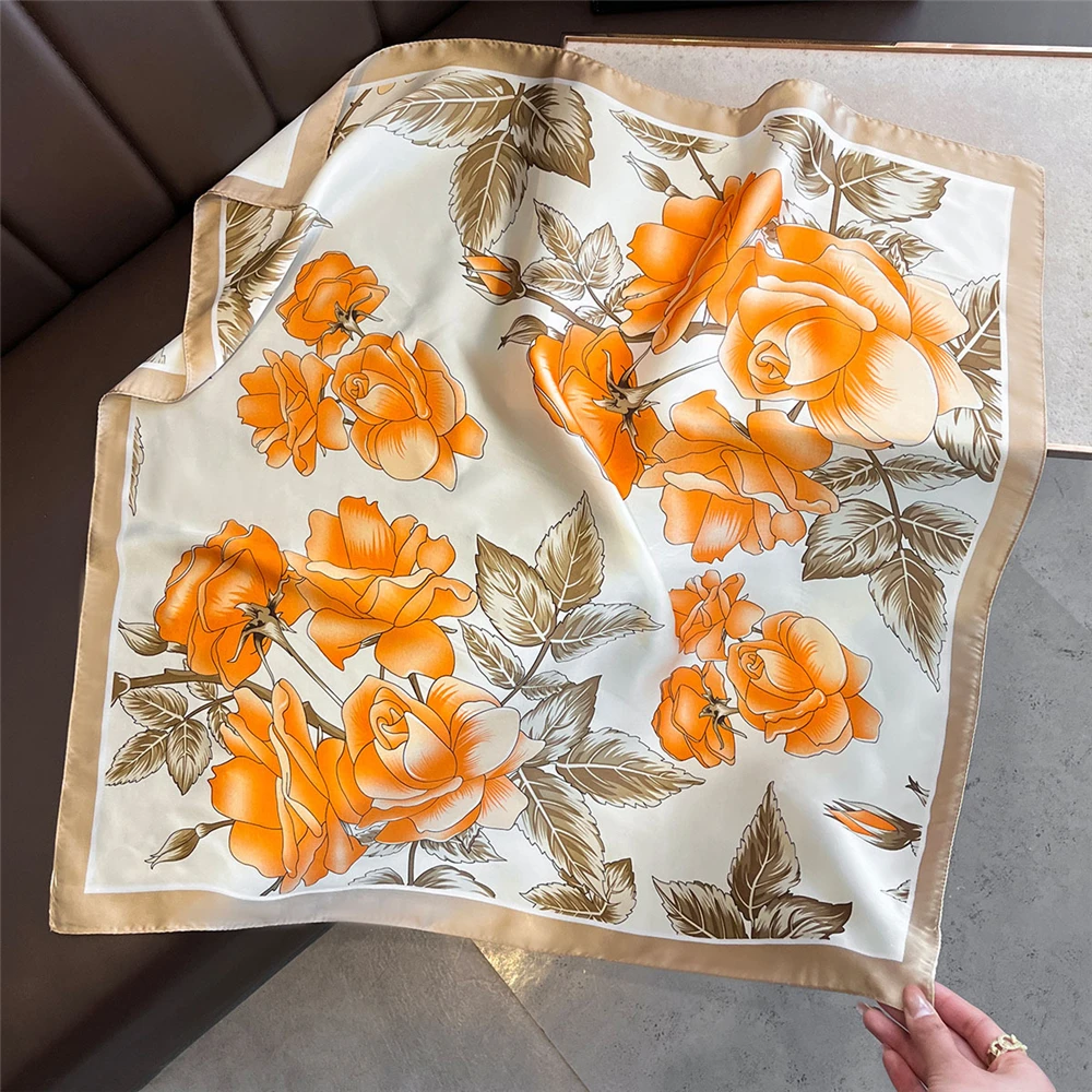 Breathable 70x70cm Square Silk Scarf Lemon Print Spring Summer Head Wrap Hair Band Elegant Shawl for Women