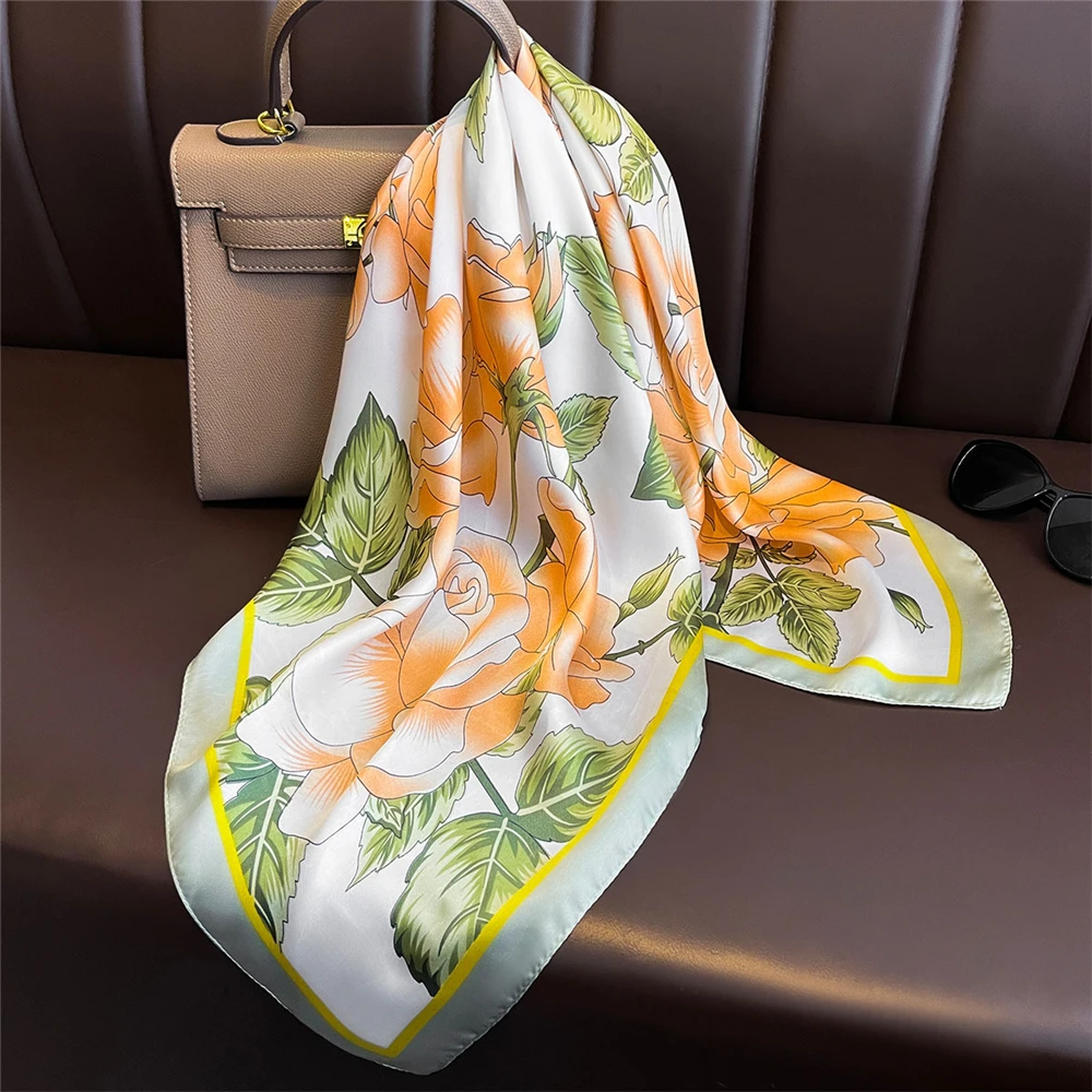 Breathable 70x70cm Square Silk Scarf Lemon Print Spring Summer Head Wrap Hair Band Elegant Shawl for Women