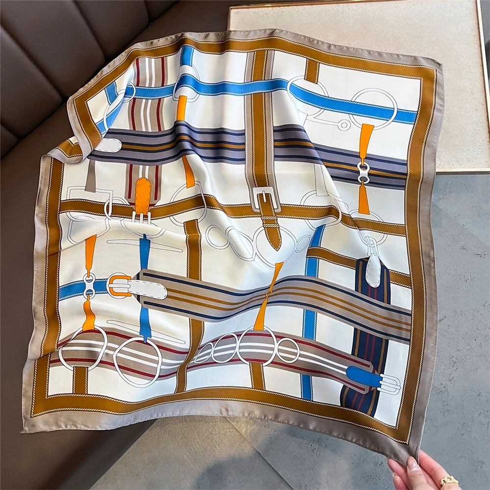 Breathable 70x70cm Square Silk Scarf Lemon Print Spring Summer Head Wrap Hair Band Elegant Shawl for Women