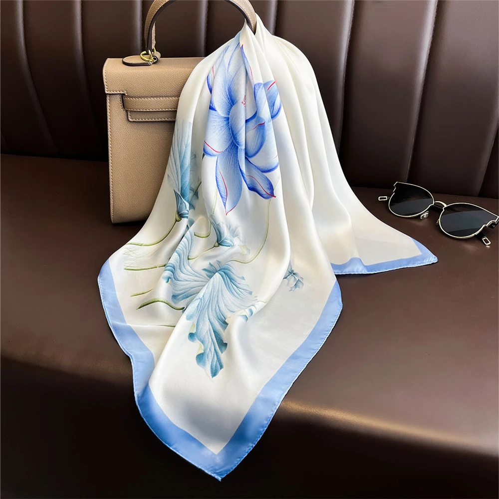 Breathable 70x70cm Square Silk Scarf Lemon Print Spring Summer Head Wrap Hair Band Elegant Shawl for Women