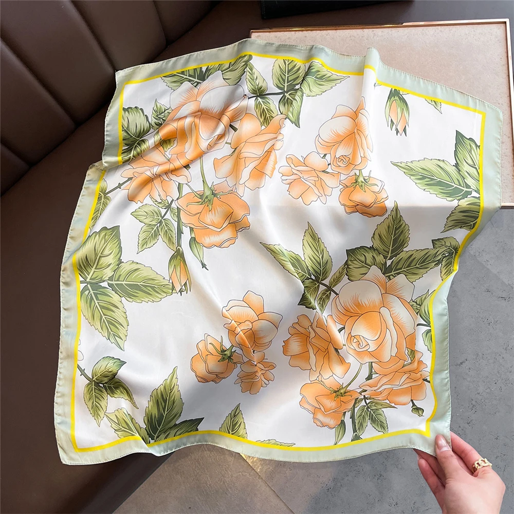 Breathable 70x70cm Square Silk Scarf Lemon Print Spring Summer Head Wrap Hair Band Elegant Shawl for Women