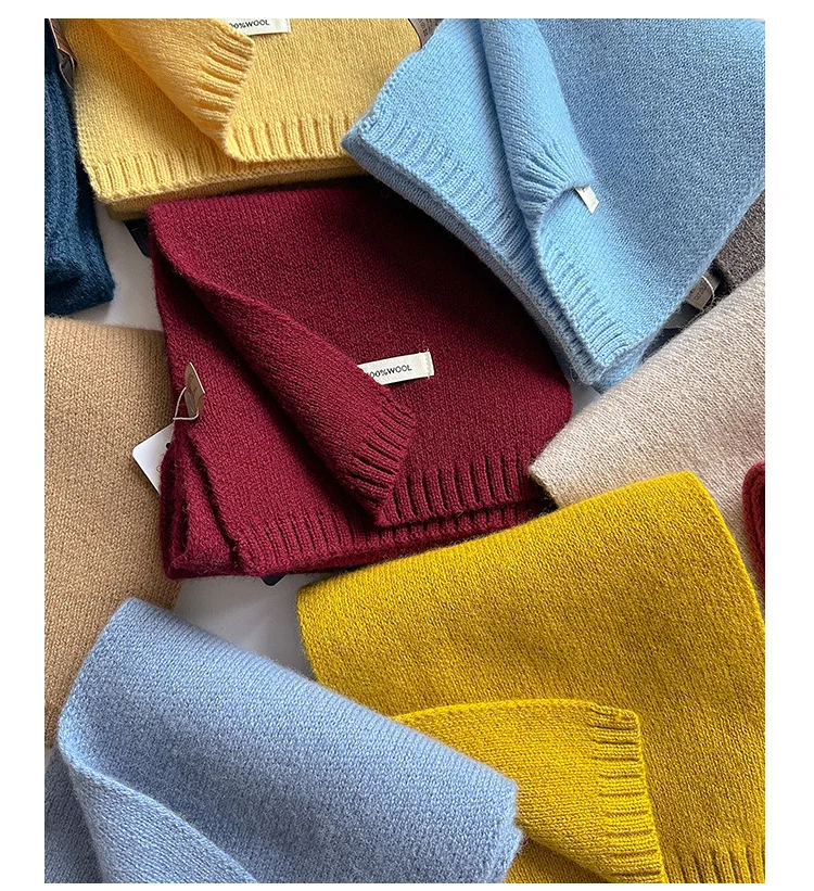 2025 100% Australian Wool Scarf Women Winter  Solid Color Knitted Scarf Windproof Thick Warm Neck Protection Ladies Knit Scarf