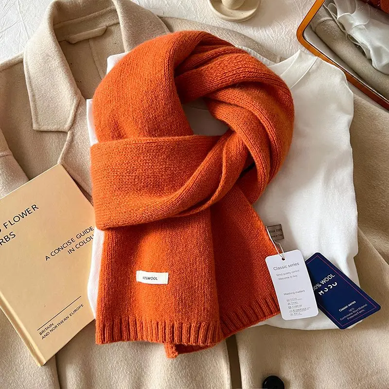 2025 100% Australian Wool Scarf Women Winter  Solid Color Knitted Scarf Windproof Thick Warm Neck Protection Ladies Knit Scarf