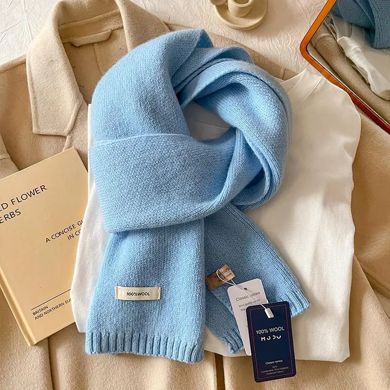 2025 100% Australian Wool Scarf Women Winter  Solid Color Knitted Scarf Windproof Thick Warm Neck Protection Ladies Knit Scarf