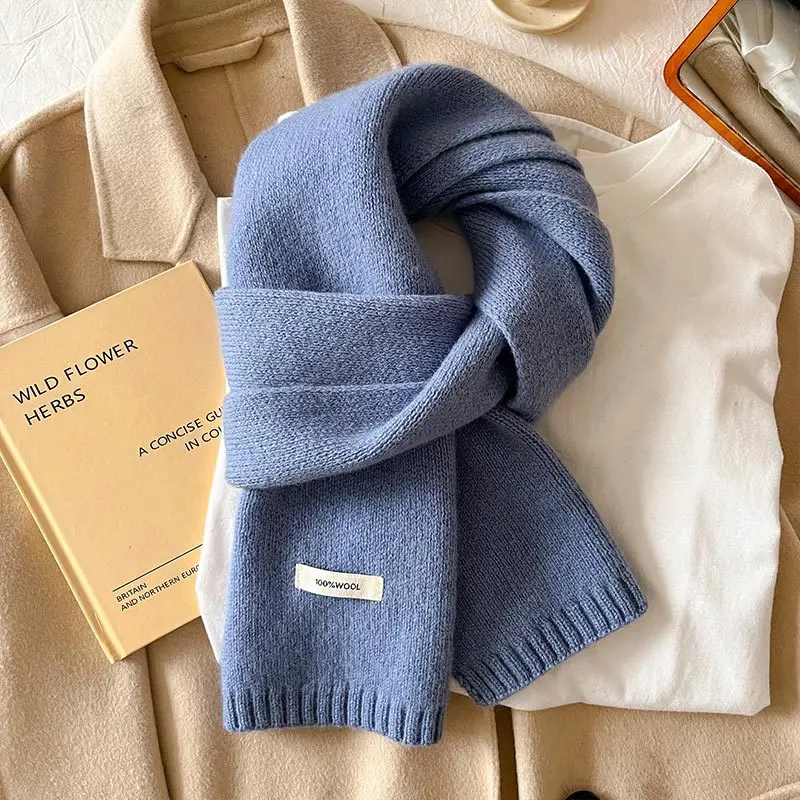 2025 100% Australian Wool Scarf Women Winter  Solid Color Knitted Scarf Windproof Thick Warm Neck Protection Ladies Knit Scarf