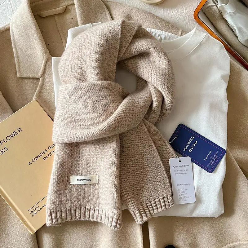 2025 100% Australian Wool Scarf Women Winter  Solid Color Knitted Scarf Windproof Thick Warm Neck Protection Ladies Knit Scarf