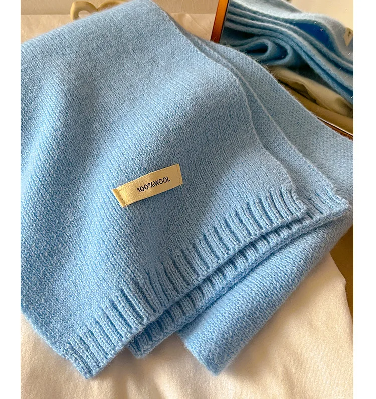 2025 100% Australian Wool Scarf Women Winter  Solid Color Knitted Scarf Windproof Thick Warm Neck Protection Ladies Knit Scarf