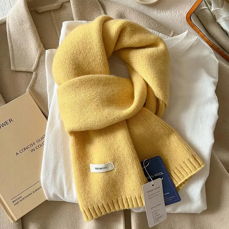2025 100% Australian Wool Scarf Women Winter  Solid Color Knitted Scarf Windproof Thick Warm Neck Protection Ladies Knit Scarf