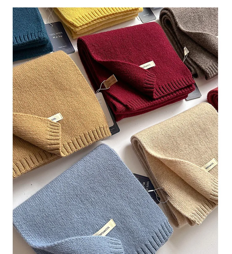 2025 100% Australian Wool Scarf Women Winter  Solid Color Knitted Scarf Windproof Thick Warm Neck Protection Ladies Knit Scarf