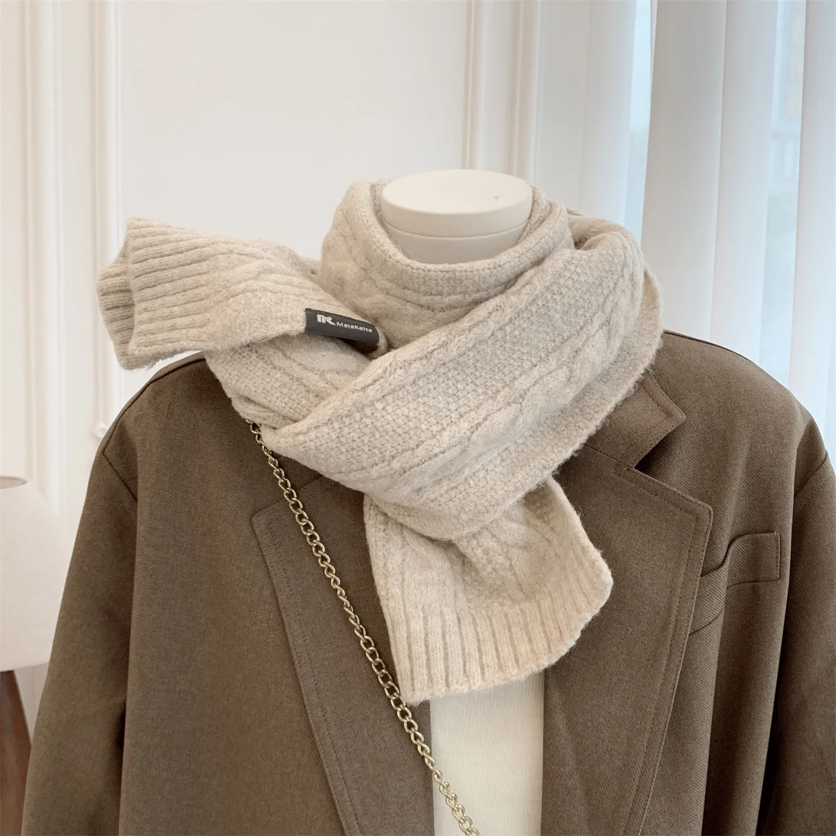 Knitted 100% Real Wool Scarf for Women Girls Winter Warm Thicken Wool Shawls and Wraps Twists Pattern Long Blanket Neckerchief