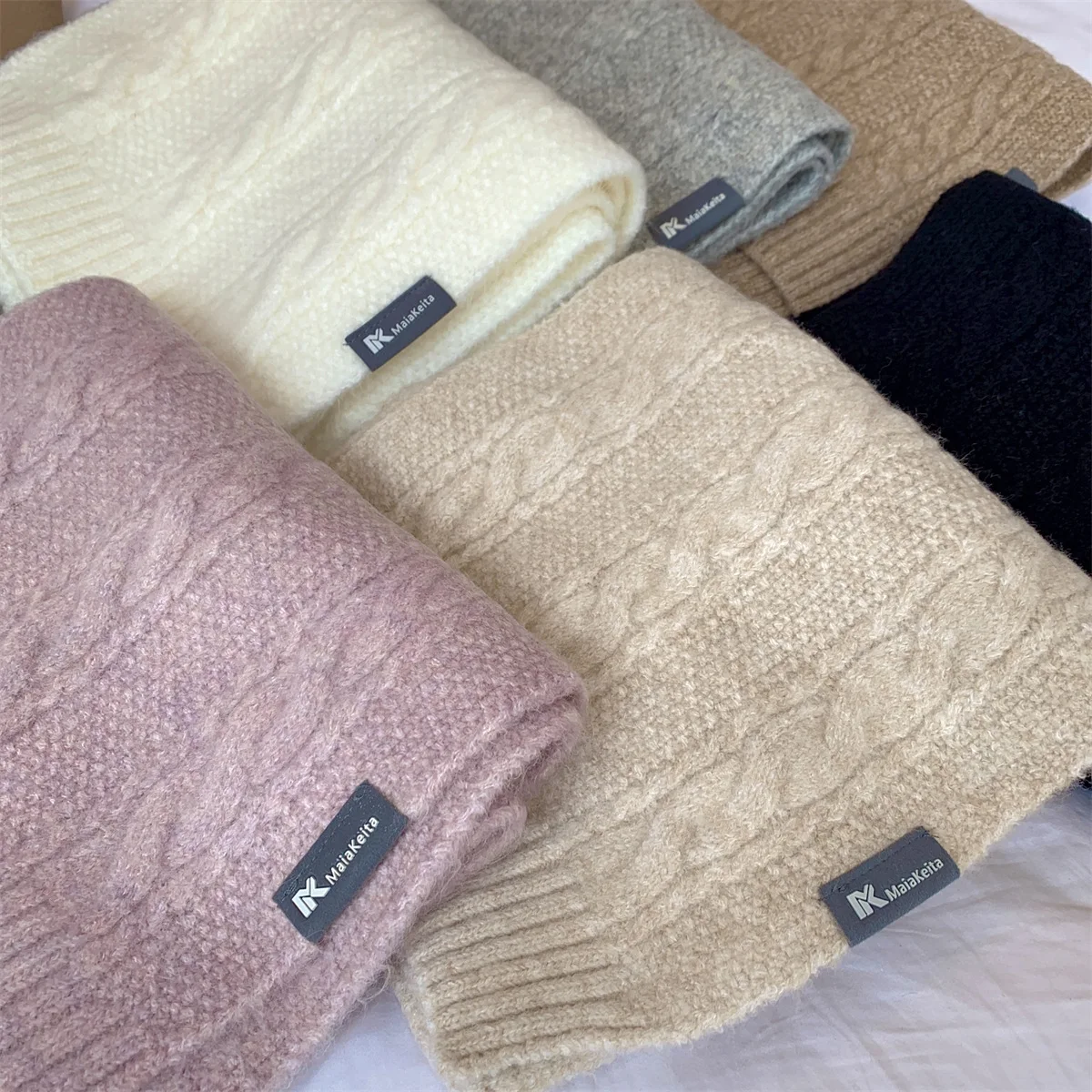 Knitted 100% Real Wool Scarf for Women Girls Winter Warm Thicken Wool Shawls and Wraps Twists Pattern Long Blanket Neckerchief