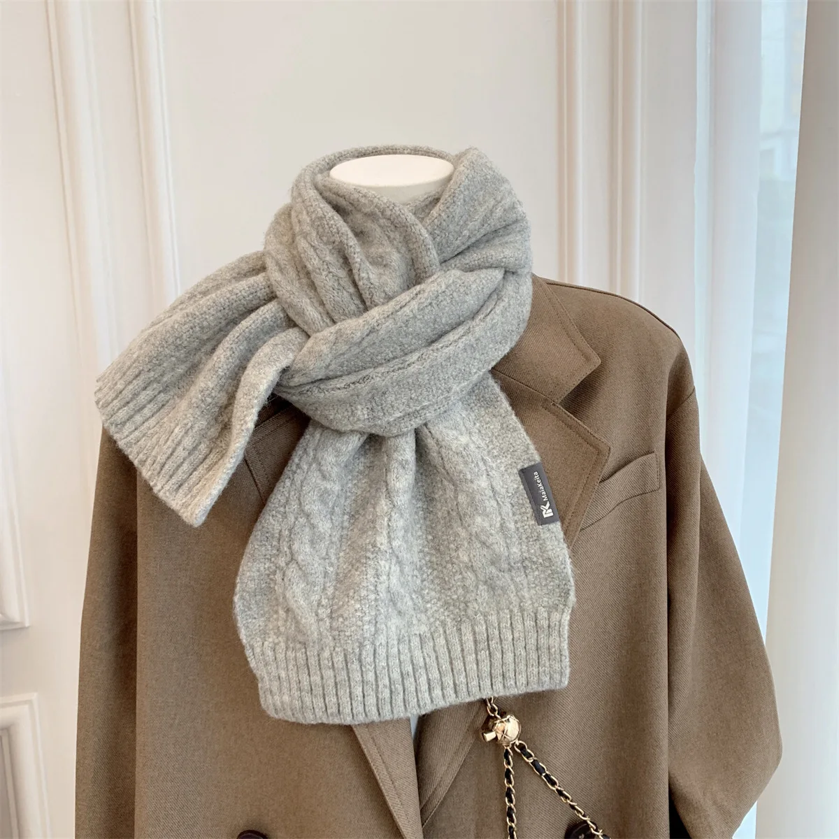 Knitted 100% Real Wool Scarf for Women Girls Winter Warm Thicken Wool Shawls and Wraps Twists Pattern Long Blanket Neckerchief