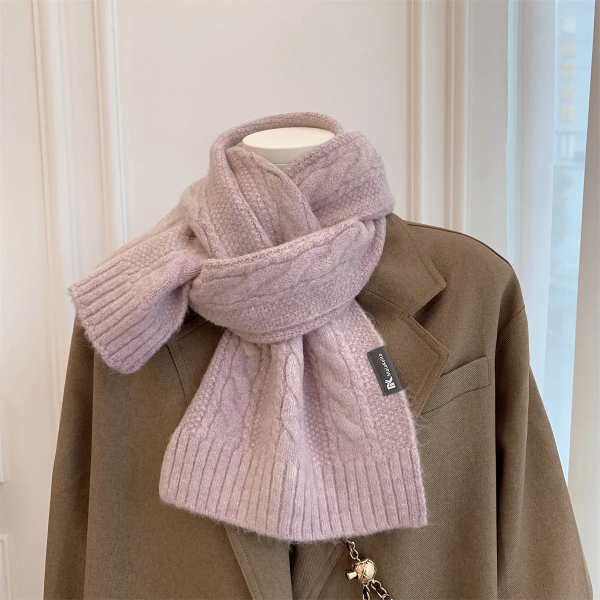 Knitted 100% Real Wool Scarf for Women Girls Winter Warm Thicken Wool Shawls and Wraps Twists Pattern Long Blanket Neckerchief