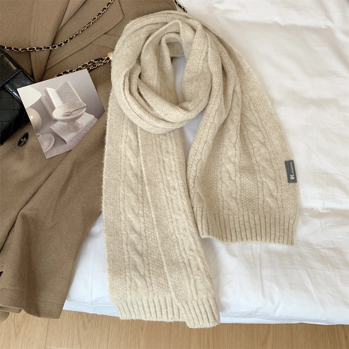 Knitted 100% Real Wool Scarf for Women Girls Winter Warm Thicken Wool Shawls and Wraps Twists Pattern Long Blanket Neckerchief