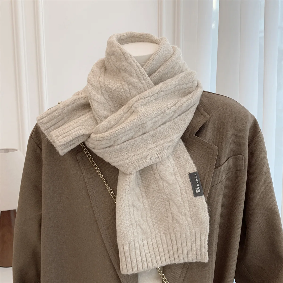 Knitted 100% Real Wool Scarf for Women Girls Winter Warm Thicken Wool Shawls and Wraps Twists Pattern Long Blanket Neckerchief