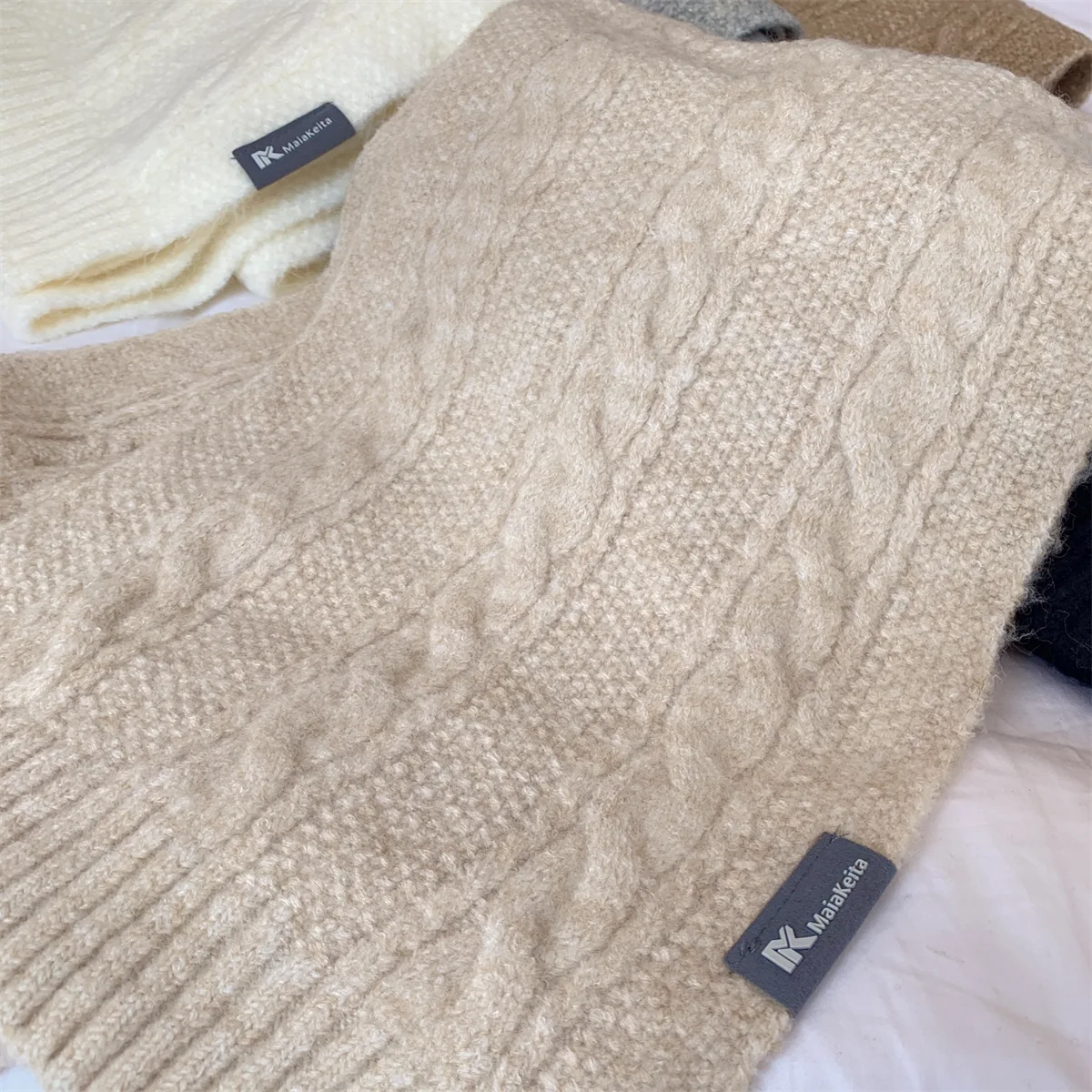 Knitted 100% Real Wool Scarf for Women Girls Winter Warm Thicken Wool Shawls and Wraps Twists Pattern Long Blanket Neckerchief